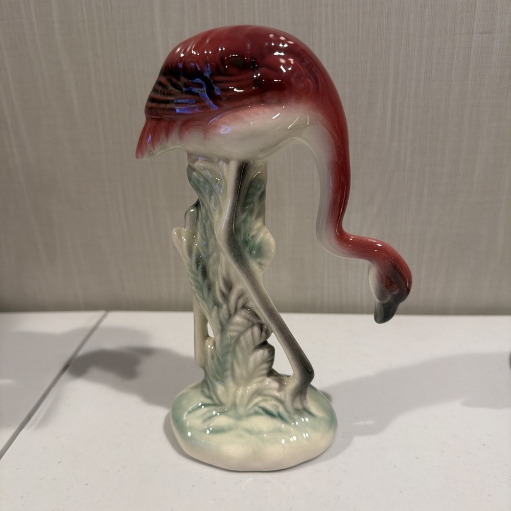 Vintage, mid-century Art Deco Style Pink Flamingo Head Down Ceramic Figurine